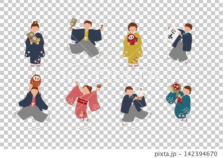 着物でお正月を楽しむ子どもたちの人物イラストセット 着物でお正月を楽しむ子どもたちの人物イラストセット 142394670