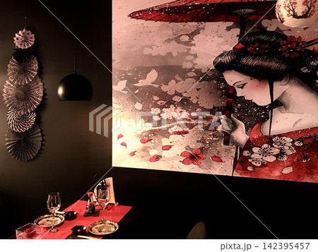 Japanese style restaurant interior with red and black decoration 142395457