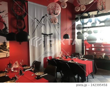 Japanese style restaurant interior with red and black decoration Japanese style restaurant interior with red and black decoration 142395458