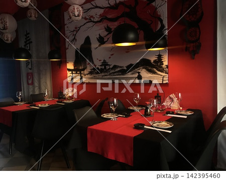 Japanese style restaurant interior with red and black decoration 142395460