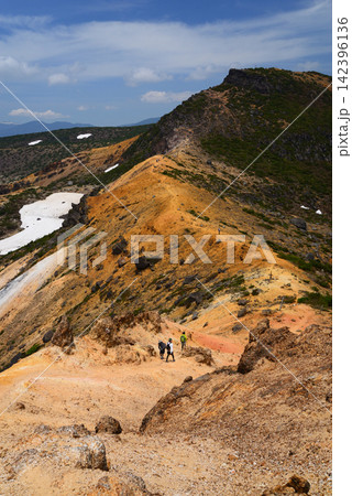安達太良山 赤い尾根すじを歩く登山者の目指す頂は6月の空を背に聳える 安達太良山 赤い尾根すじを歩く登山者の目指す頂は6月の空を背に聳える 142396136