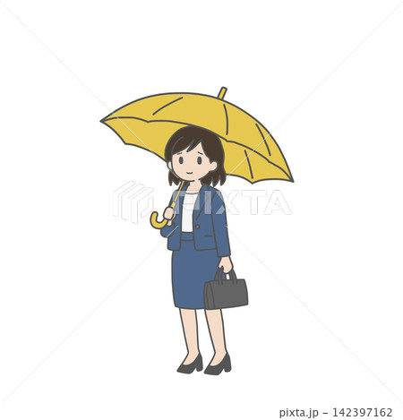 黄色い傘をさす笑顔の女性社員 142397162