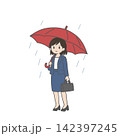 雨の中、赤い傘をさす困り顔の女性社員 142397245