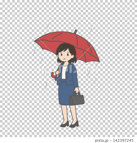 一名神情憂慮的女員工在雨中撐著一把紅傘。 一名神情憂慮的女員工在雨中撐著一把紅傘。 142397245
