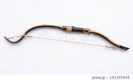 Traditional recurve archery bow made of wood and horn with string isolated on white background traditional historic handmade equipment artifact primitive survival practice recreation activity material 142397645