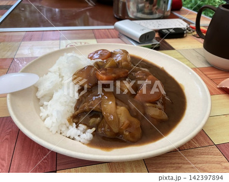 キャンプ場で食べる具だくさんの手作りカレーライス キャンプ場で食べる具だくさんの手作りカレーライス 142397894