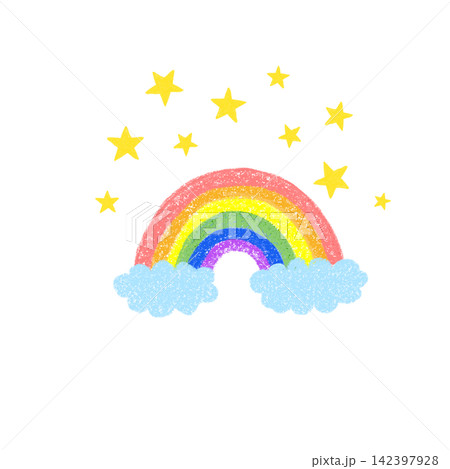 クレヨンで描いた虹と黄色の星 クレヨンで描いた虹と黄色の星 142397928