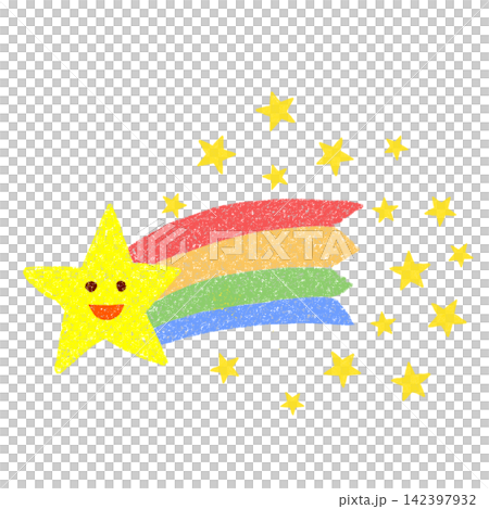 クレヨンで描いた笑顔の星と虹 クレヨンで描いた笑顔の星と虹 142397932