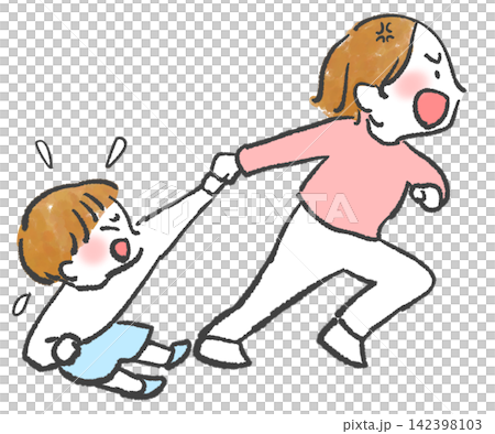 A mother angrily drags her reluctant child along. A mother angrily drags her reluctant child along. 142398103