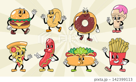 Fast food and junk food retro rubber hose cartoon characters set, featuring a burger, crispy onion string, donut, ice cream, pizza slice, hot dog sausage, sandwich hot dog and french fries. Vector. 142399113