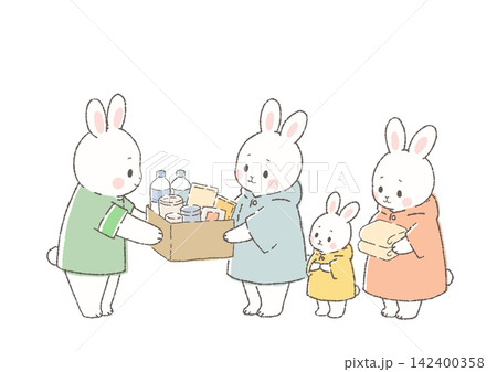 災害時に支援物資を受け取る家族 避難所・防災・災害支援イラスト 災害時に支援物資を受け取る家族 避難所・防災・災害支援イラスト 142400358