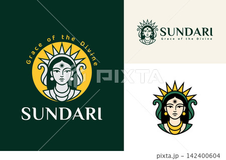 Sundari goddess emblem with sunburst crown for premium beauty branding and holistic wellness company identity. 142400604