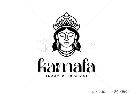 Minimalist goddess line art logo with lotus crown and floral typography for wellness brand identity. Minimalist goddess line art logo with lotus crown and floral typography for wellness brand identity. 142400605