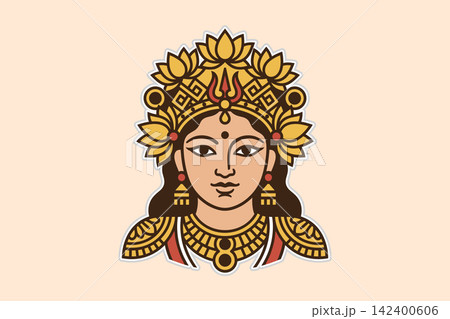 Traditional Indian goddess portrait with ornate golden crown and jewelry for cultural events or spiritual graphic resources. Traditional Indian goddess portrait with ornate golden crown and jewelry for cultural events or spiritual graphic resources. 142400606