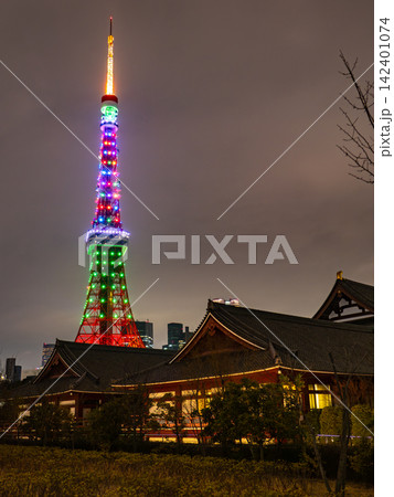 芝公園から見える増上寺とライトアップされた夜の東京タワー 芝公園から見える増上寺とライトアップされた夜の東京タワー 142401074