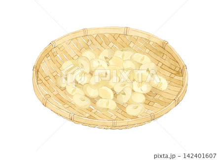 竹ざるに乗った煎り大豆(炒り大豆) 手描き水彩イラスト素材 竹ざるに乗った煎り大豆(炒り大豆) 手描き水彩イラスト素材 142401607