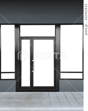 An empty glass door with a black aluminum frame in an office building for the background. An empty glass door with a black aluminum frame in an office building for the background. 142401615