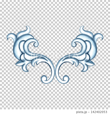 Decorative blue ornament in the Baroque style. A hand drawn watercolor illustration. A versatile element for borders, patterns and prints, covers, invitations and postcards, web pages and much more. Decorative blue ornament in the Baroque style. A hand drawn watercolor illustration. A versatile element for borders, patterns and prints, covers, invitations and postcards, web pages and much more. 142402053