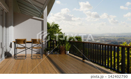 3D Illustration of Modern Balcony Terrace with Wooden Deck, Chairs, Plants and Panoramic City View 142402790
