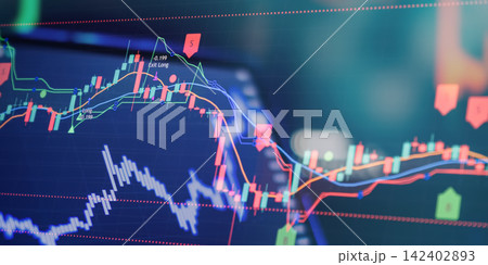 Digital financial trading dashboard showing cryptocurrency market volatility, strategy data, and business analytics. 142402893