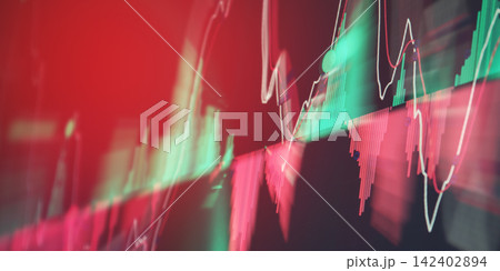 Abstract financial chart depicting a stock market crash with dramatic red background and glowing trend lines. 142402894