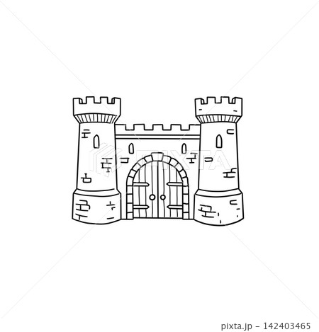 Medieval castle gate with two towers, hand drawn fortress entrance sketch. Simple line art stone archway with wooden doors and crenellations. Historic fortification doodle element. 142403465