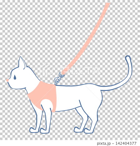 An illustration of a cat wearing a harness and leash. An illustration of a cat wearing a harness and leash. 142404377
