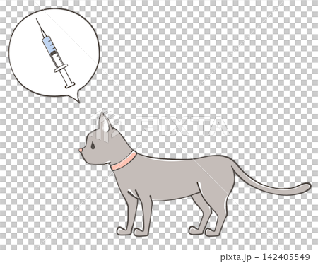吹き出しに注射器が描かれた猫のイラスト 142405549