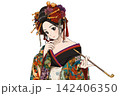 華やかな着物と日本髪の花魁の女性 142406350