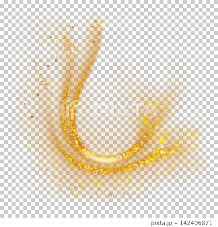 Golden sparkling decoration. Magical dust wave on transparent background. Gold glitter abstract wave Golden sparkling decoration. Magical dust wave on transparent background. Gold glitter abstract wave 142406871