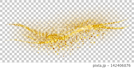 Golden sparkling decoration. Magical dust wave on transparent background. Gold glitter abstract wave Golden sparkling decoration. Magical dust wave on transparent background. Gold glitter abstract wave 142406876