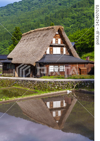 世界遺産五箇山・相倉合掌造り集落　水面に浮かぶ日本の原風景 142407078