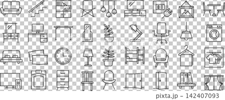 一套適用於單色室內設計的向量格式線條藝術圖示。 142407093