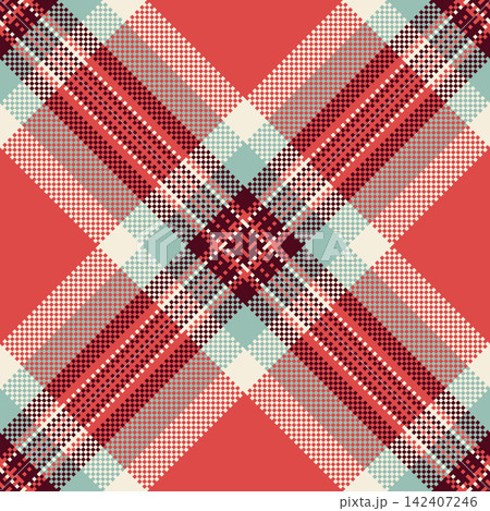 A vibrant textile surface with plaid checks and a tactile woven fabric finish. Red and teal tones create lively visual energy in a seamless design for fashion textiles. It suits textile prints. 142407246