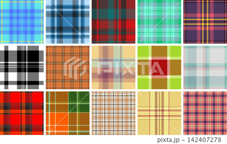 Plaid bundle perfect for lumberjack-inspired clothing and British casual fashion. Vector patterns enhance shirts, jackets, blankets, and digital media. 142407278