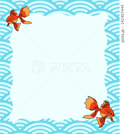 金魚と青海波模様の和風夏フレームイラスト 金魚と青海波模様の和風夏フレームイラスト 142407445