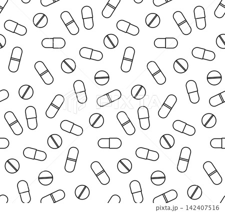 Medical pills, tablets, and capsules Pills Pharmacy seamless pattern hand drawn illustration. Vector graphic line art. For poster, flyer, banner, invitation, social media, party or sale Medical pills, tablets, and capsules Pills Pharmacy seamless pattern hand drawn illustration. Vector graphic line art. For poster, flyer, banner, invitation, social media, party or sale 142407516