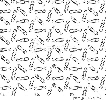 sticking plasters. Medical patch Pharmacy seamless pattern hand drawn illustration. Vector graphic line art. Perfect for logo, branding, packaging, labels, and modern decor design. 142407525