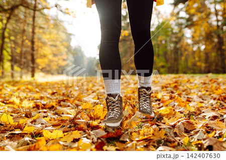 Female legs in boots walking through fallen trees in autumn park. Nature, travel concept. 142407630