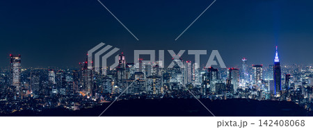 ライトアップされた東京都庁や超高層ビル群が美しく輝く新宿の夜景 ライトアップされた東京都庁や超高層ビル群が美しく輝く新宿の夜景 142408068