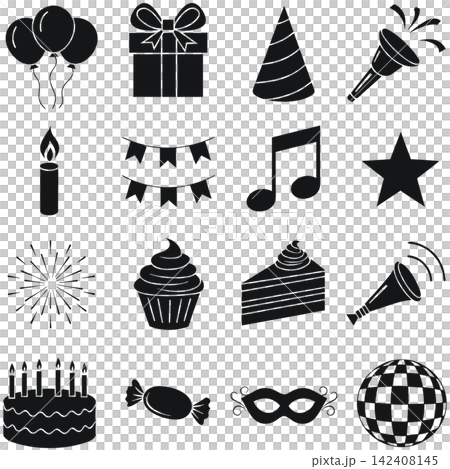 This image displays a collection of sixteen black-and-white silhouette icons related to birthdays and celebrations This image displays a collection of sixteen black-and-white silhouette icons related to birthdays and celebrations 142408145
