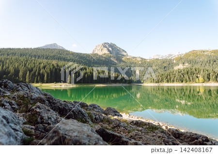Beautiful view of lake. Rocky shore of mountain lake in the morning. Travelling, lifestyle, nature 142408167