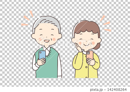 Illustration of the upper bodies of a senior man and woman laughing while holding smartphones. Illustration of the upper bodies of a senior man and woman laughing while holding smartphones. 142408264