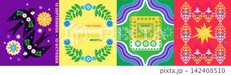 National Hispanic heritage month greeting card with girl, women, papel picado, guitar Hispanic and Latino Americans culture, event Celebrate in United States Vector illustration template background National Hispanic heritage month greeting card with girl, women, papel picado, guitar Hispanic and Latino Americans culture, event Celebrate in United States Vector illustration template background 142408510