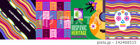 National Hispanic heritage month greeting card with girl, women, papel picado, guitar Hispanic and Latino Americans culture, event Celebrate in United States Vector illustration template background 142408515
