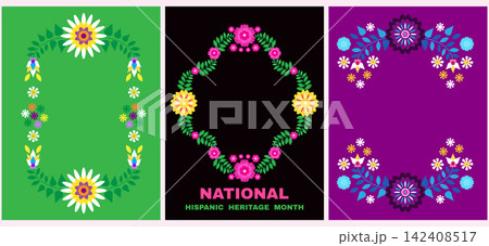 Collection floral frames for National Hispanic Heritage Month, spanish culture America celebrate Vertical banner Vector colorful cute set illustration Collection floral frames for National Hispanic Heritage Month, spanish culture America celebrate Vertical banner Vector colorful cute set illustration 142408517