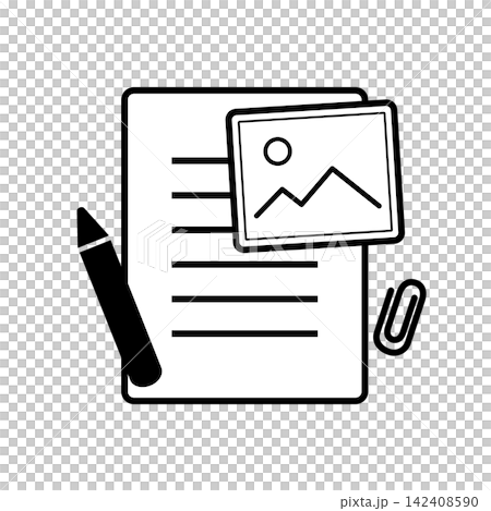 A simple line drawing illustration combining documents, a pen, a photograph, and a paper clip. A simple line drawing illustration combining documents, a pen, a photograph, and a paper clip. 142408590