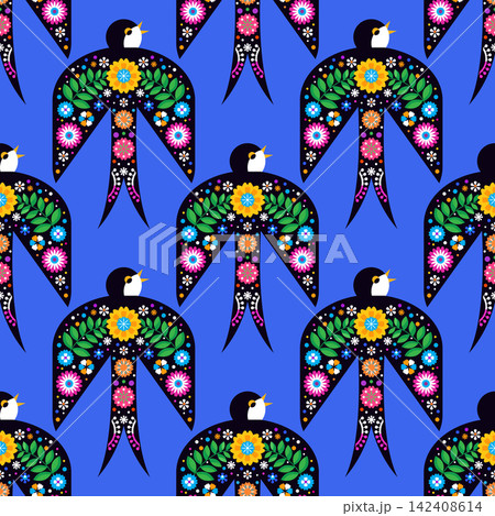 Swallow seamless pattern for National Hispanic Heritage Month, spanish culture America celebrate template with birds, floral foliage Vector colorful cute ornament illustration Swallow seamless pattern for National Hispanic Heritage Month, spanish culture America celebrate template with birds, floral foliage Vector colorful cute ornament illustration 142408614