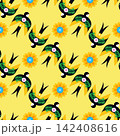 Swallow seamless pattern for National Hispanic Heritage Month, spanish culture America celebrate template with birds, floral foliage Vector colorful cute ornament illustration 142408616