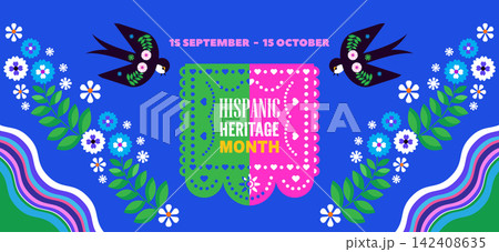 National Hispanic heritage month poster, web banner with  papel picado, guitar, decor Hispanic and Latino Americans culture, even 142408635